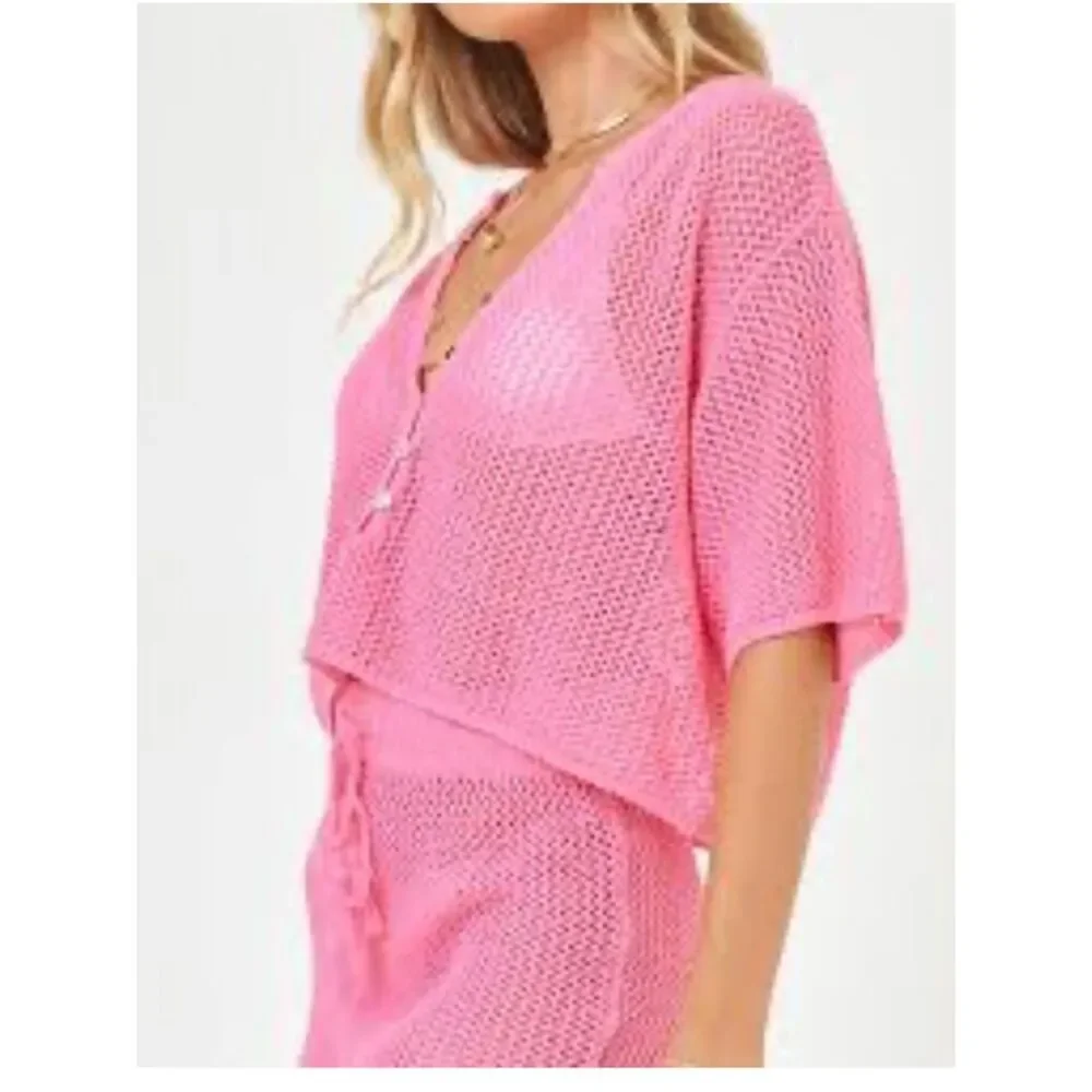 $99 l*space Coast is clear pink crochet beach coverup top NWT XL - Picture 4 of 14